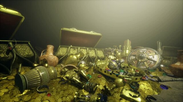 glittering treasure pile of gold coins, overflowing chests and scattered jewels, tarnished goblets and ornate crown among ancient relics, warm torchlight
