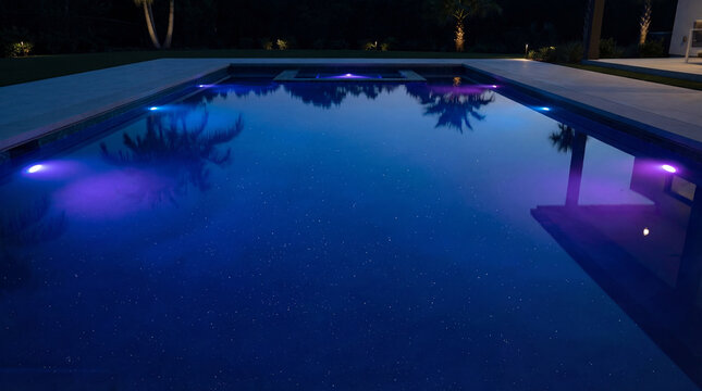 Luxury modern backyard swimming pool at night with colorful underwater LED lighting and tropical palm tree reflections on dark water surface