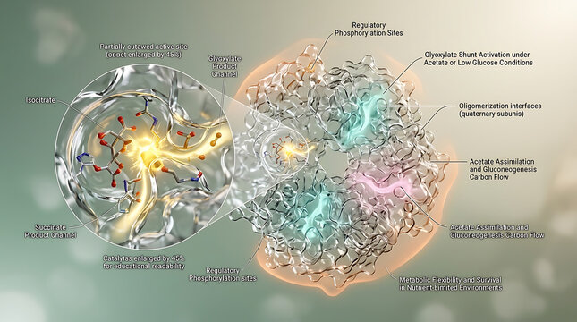 Premium Lambent Transparent Bacterial Isocitrate Lyase Cutaway Biochemistry Visualization with Glyoxylate Shunt and Acetate Assimilation Pathways