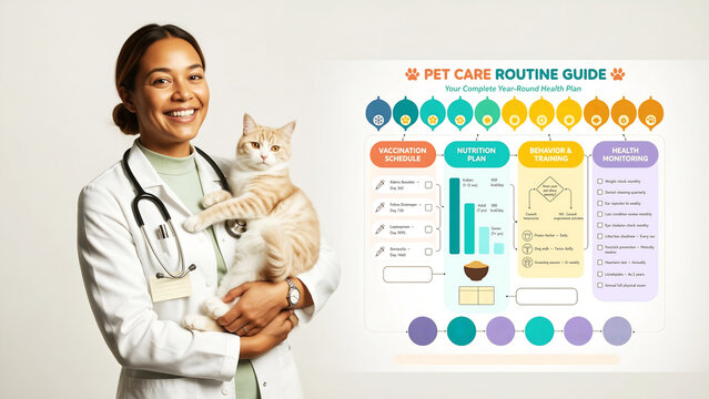 Veterinary Preventive Care Guide with Professional Veterinarian doctor Holding Cat and Comprehensive Annual Pet Health Routine Infographic for Wellness Planning and Owner Education
