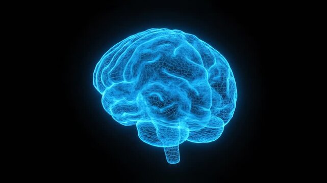Glowing blue wireframe brain illustration against a stark black background