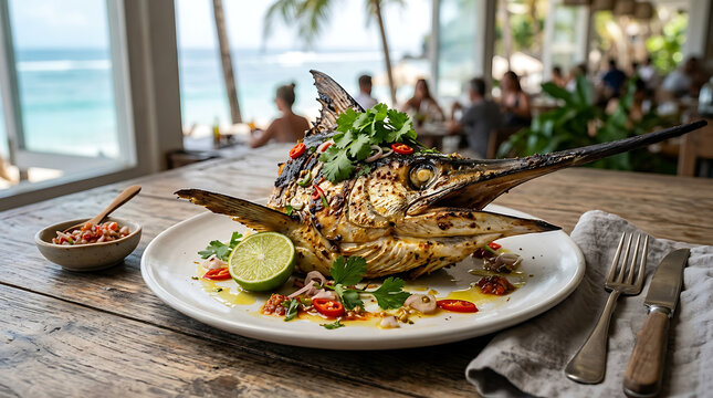 Exotic grilled marlin fish head seasoned with local spices, lime, and chili, served on a rustic wooden table. Unique tropical seafood dish.