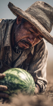 Migrant farm worker weathered face rugged clothes sweat dripping his brow bend down lift freshly fallen watermelon parched drought stricken land clean professional stock photo sharp macro photography
