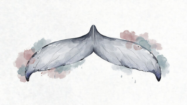 Watercolor painting of a grey whale tail fluke isolated on a transparent background