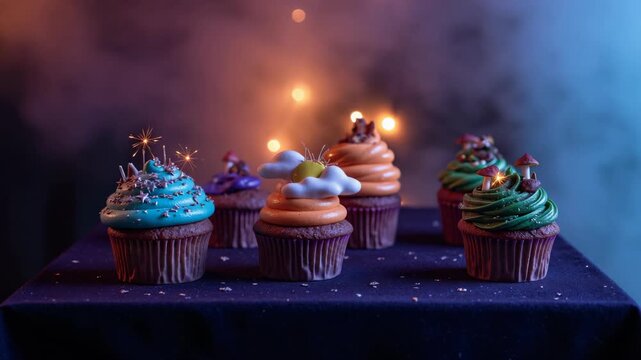 Cupcakes with colorful icing and sparklers sit on a dark surface. Soft lighting creates a magical, festive mood. Tiny decorations add whimsy to each dessert