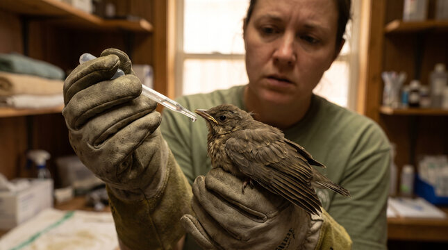 Caregiver feeding injured fledgling bird at rescue center