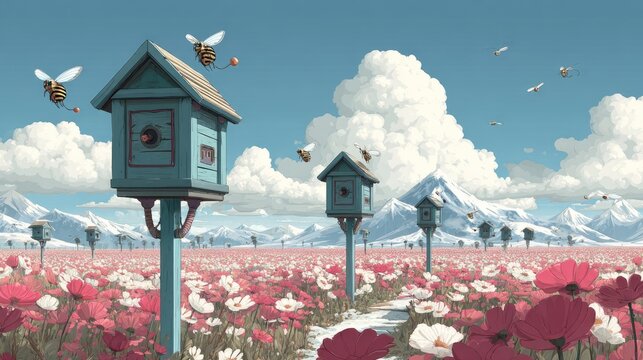 Stylized blue beehives on posts in pink flower field.