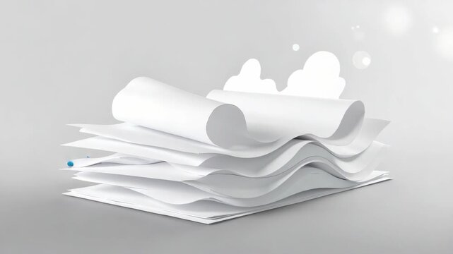 Stacked white paper curls softly in gentle motion. Subtle light reflects off smooth, clean surfaces. Slight motion blur adds dynamic grace to still composition. Minimalist design evokes calm