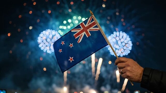 Celebration with New Zealand Flag and Vibrant Fireworks Display Ushering Festive Night