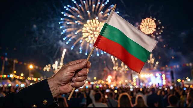 Vibrant fireworks celebration with a hand waving the Bulgarian flag at night