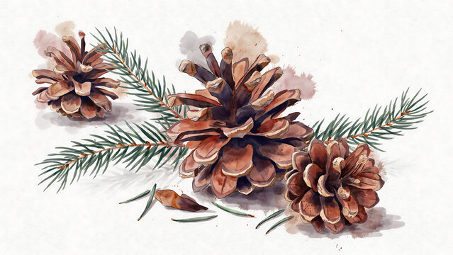 Watercolor painting of brown pine cones and green fir tree branches isolated on a transparent background