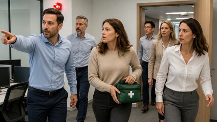 Naklejka premium Man pointing during office evacuation with colleagues. Woman holding first aid kit in workplace emergency. Team reacting to alarm, company safety, danger, crisis movement, disaster drill