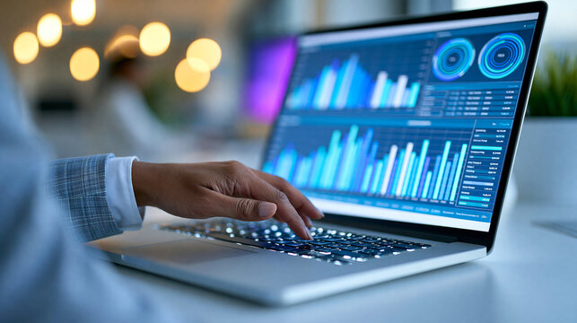 Faceless businessman using laptop to analyze and control online banking data with fintech dashboard and digital transactions system, mobile banking analytics concept, technology