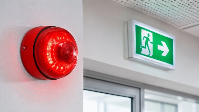 Red emergency alarm beacon flashing on a wall near a green exit sign. Safety equipment for building evacuation and fire protection. Industrial warning alert system inside a hallway