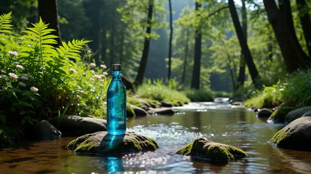 Single water bottle discarded on mossy rocks by running creek.