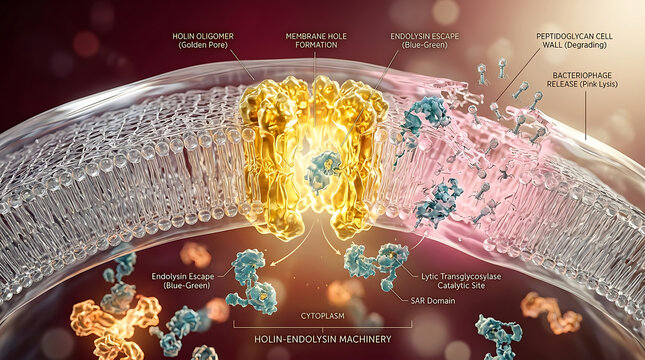 Premium Resplendent Transparent Bacterial Holin-Endolysin System Cutaway Microbiology Visualization with Membrane Pore Formation and Peptidoglycan Degradation