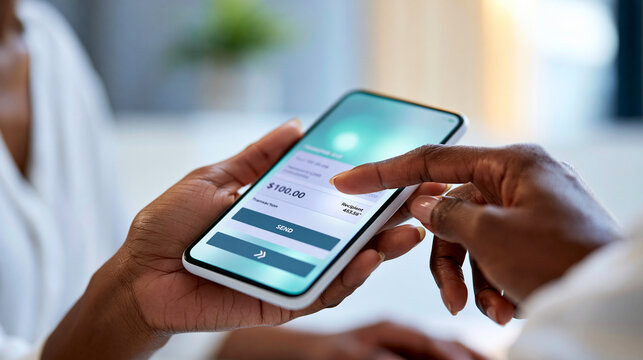 Close-up of faceless finger pressing send button on mobile banking transfer screen with transaction amount and recipient details visible, digital payment action concept, fintech