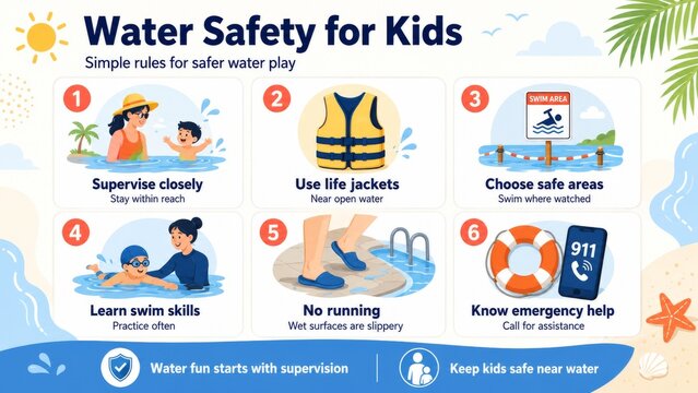 Water safety for kids infographic with basic rules for poolside behavior. Illustration of woman observing child swimming and emergency guidance tips for beach and pool environment