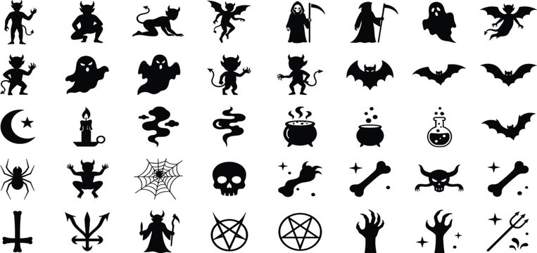 Halloween black silhouette vector icons set with spooky devils ghosts bats skulls and occult symbols