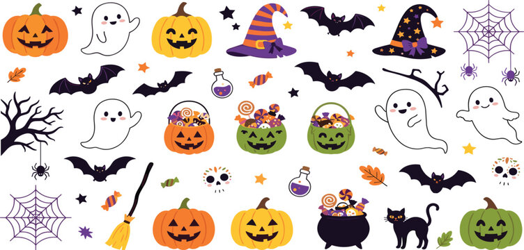 Halloween cute vector element collection with pumpkins friendly ghosts bats black cat and candy corn