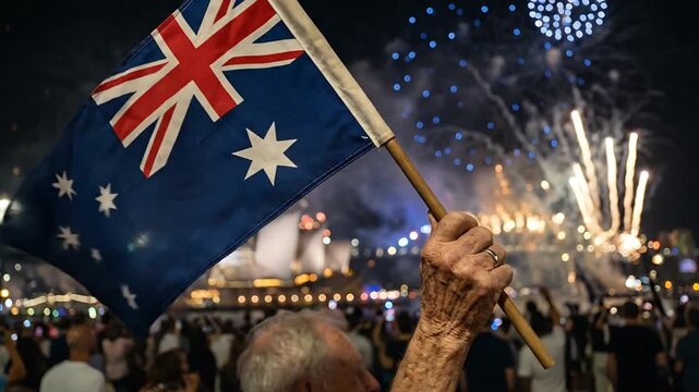 Celebration of national pride with fireworks display and community gathering on a festive night