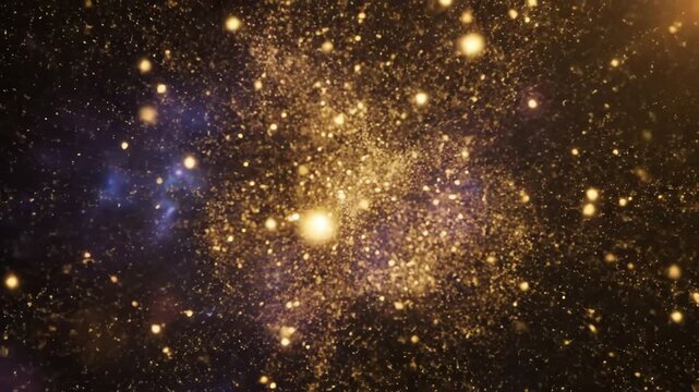 Golden glittering particles explode outward into dark cosmic space backdrop