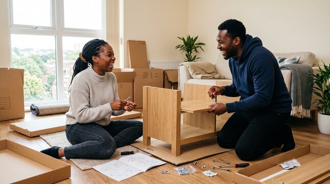 Happy couple assembling flat pack furniture together in a new home with boxes around