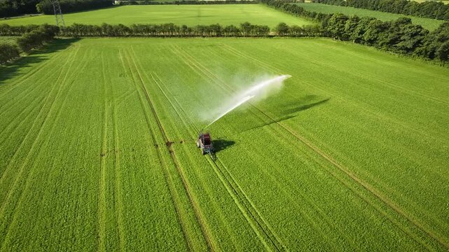Aerial footage of mobile sprinkler irrigation system watering agricultural field. Aerial tracking shot of agricultural irrigation system watering crops.