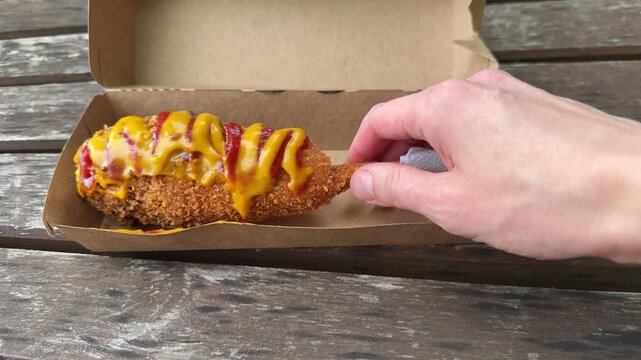 Hand reaching for corn dog with mustard and ketchup in cardboard box on wooden table. Street food, fast food, casual dining, outdoor meal, snack