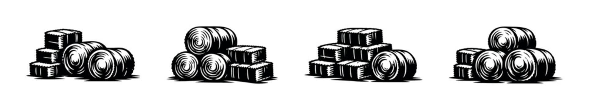 Collection of stacked square and round hay bales in a vintage illustration style