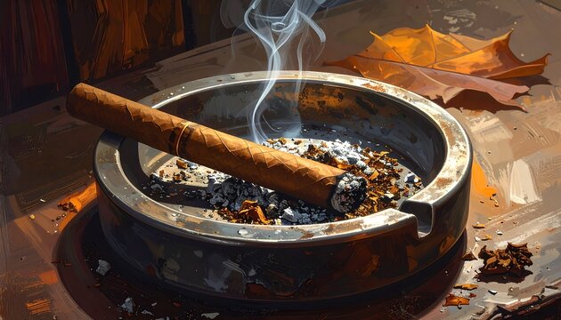Close-up view depicts a cigar resting in an ashtray filled with ash, smoke rising, next to a fallen autumn leaf