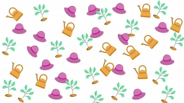 Multiple purple sun hats, orange watering cans, and light green small garden plants perfect for gardening, farm, outdoor, or gardening website.
