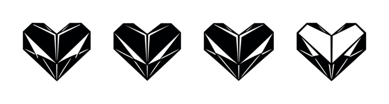 Geometric heart symbol with sharp edges and facets in black and white