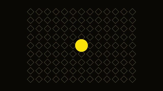 Yellow circle pulsing among rotating square grid pattern minimalist motion animation 4k background, rotating squares