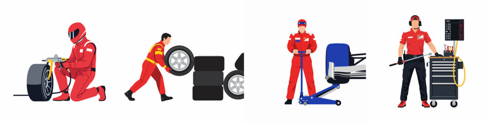 Obraz premium Formula One Pit Crew Team Set with Mechanics Changing Tires, Using Jacks, and Handling Tools During a Racing Pit Stop.
