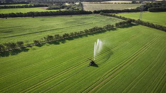 Aerial footage of mobile sprinkler irrigation system watering agricultural field. Aerial pull back shot of agricultural irrigation system watering crops.