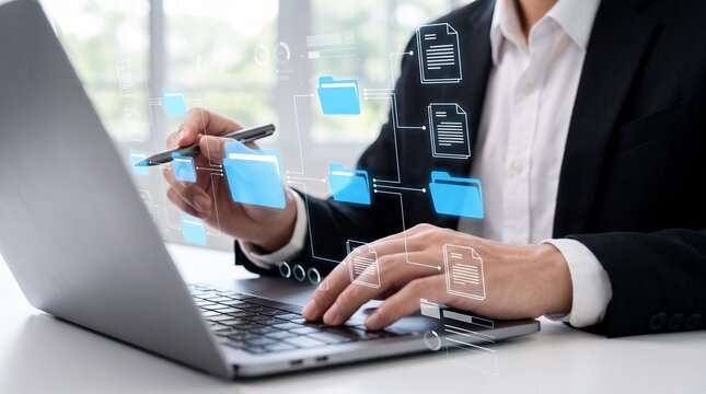 digital document management system for online file organization and business data control. professional workspace featuring virtual folders, document tracking, and cloud-based record management

