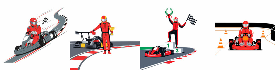 Go-kart racing illustration set featuring drivers in red suits racing on tracks, winning trophies, and celebrating on a winner's podium with a checkered flag. © Muqodimatul