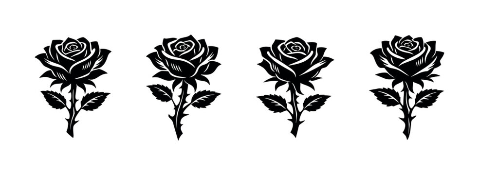 Collection of four black rose silhouettes with thorny stems and leaves
