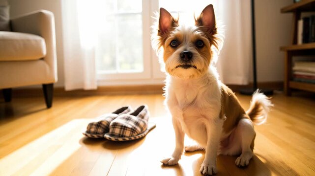 Tiny dog sits on hardwood floor. Sunlight glows from window behind. Plaid slippers rest nearby. Dog gazes directly at camera. Cozy living room ambiance. Pet looks alert and curious