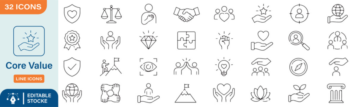 32 Core Values Vector Outline Icons Set &ndash; Trust, Integrity, Ethics, Mission, Vision, Teamwork and Corporate Culture Line Symbols Collection