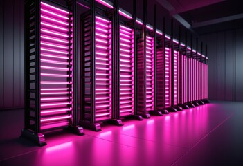 Fototapeta premium Vertical farming hall with rows of pink LED plant racks, agritech background