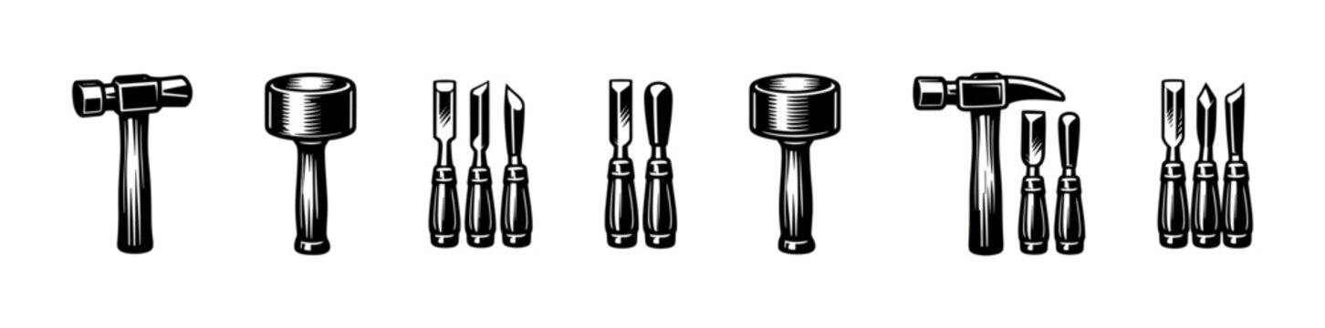 Collection of woodworking chisels and mallets for carving and shaping wood