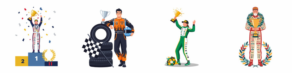 Obraz premium Set of Professional Race Car Drivers Celebrating Victory with Trophies, Podiums, and Flags in a Flat Vector Illustration Style