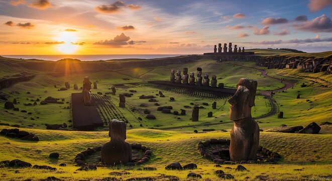 Ancient stone monoliths on grassy hillside at sunset with ocean horizon