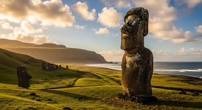 Ancient stone monoliths on green rolling hills with ocean and cloudy sky