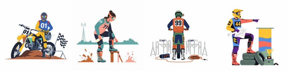 Obraz premium Flat vector illustrations of professional motocross racers preparing for competitions, featuring dirt bikes, protective gear, starting lines, and championship trophies.