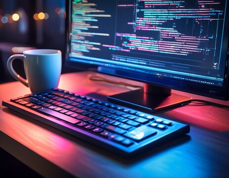 modern software developer coding workspace featuring a mechanical keyboard with glowing rgb backlit lighting next to a ceramic coffee mug and computer screen displaying programming code lines