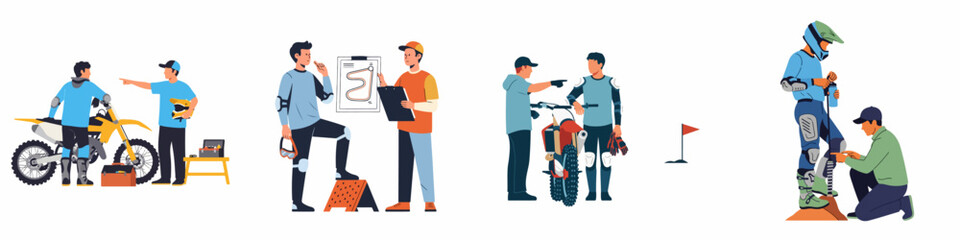Motocross Training and Racing Preparation Illustrations Showing Riders with Coaches, Dirt Bikes, and Track Maps © Muqodimatul