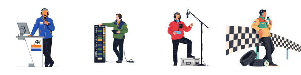 Obraz premium Collection of professional racing commentators, track officials, and sports broadcast reporters isolated on a white background.